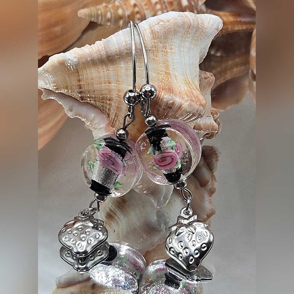 Elegant Pink Floral Glass Bead Earrings